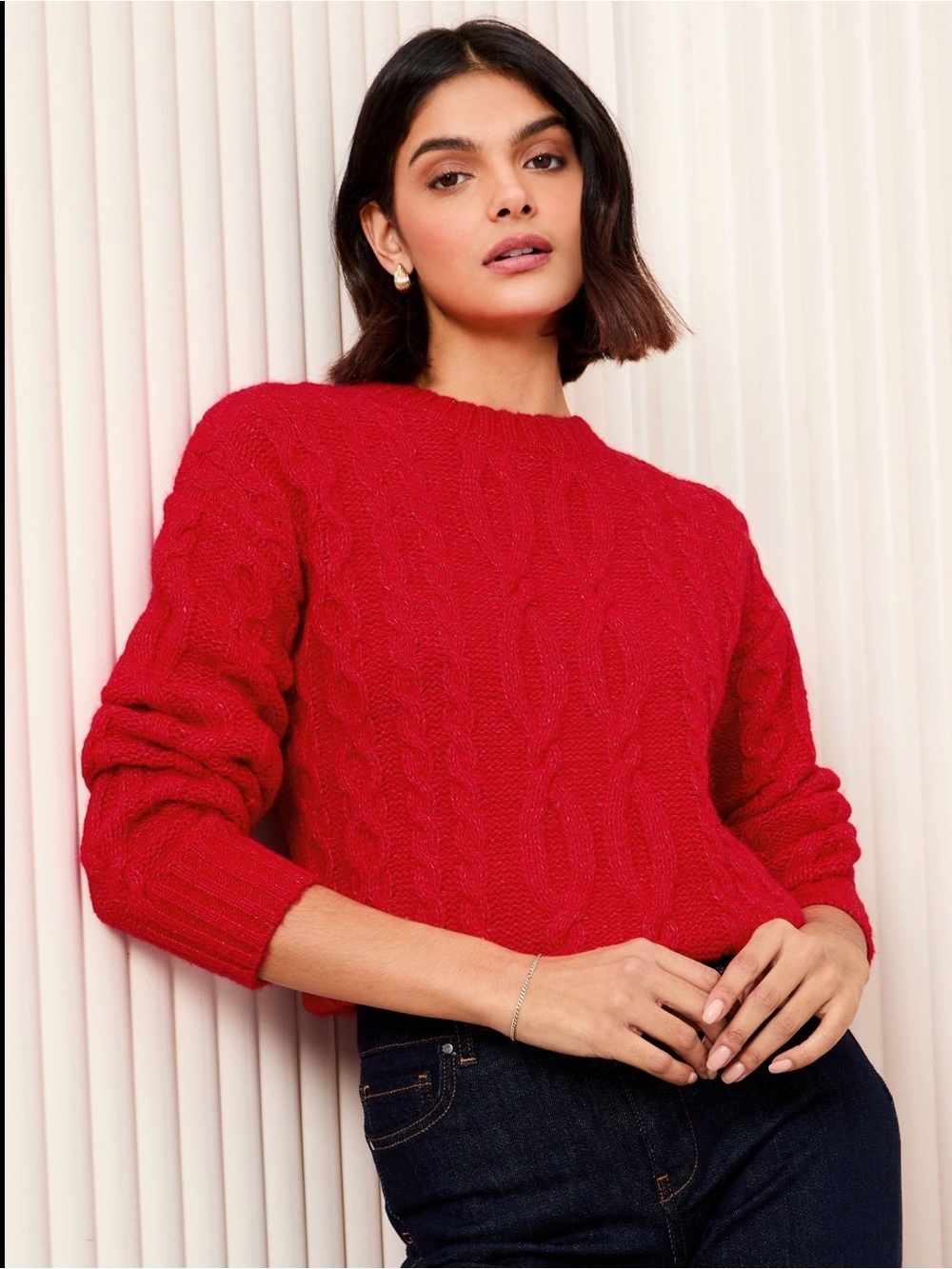Cyrus Red Fuzzy Cable Knit Women's Sweater